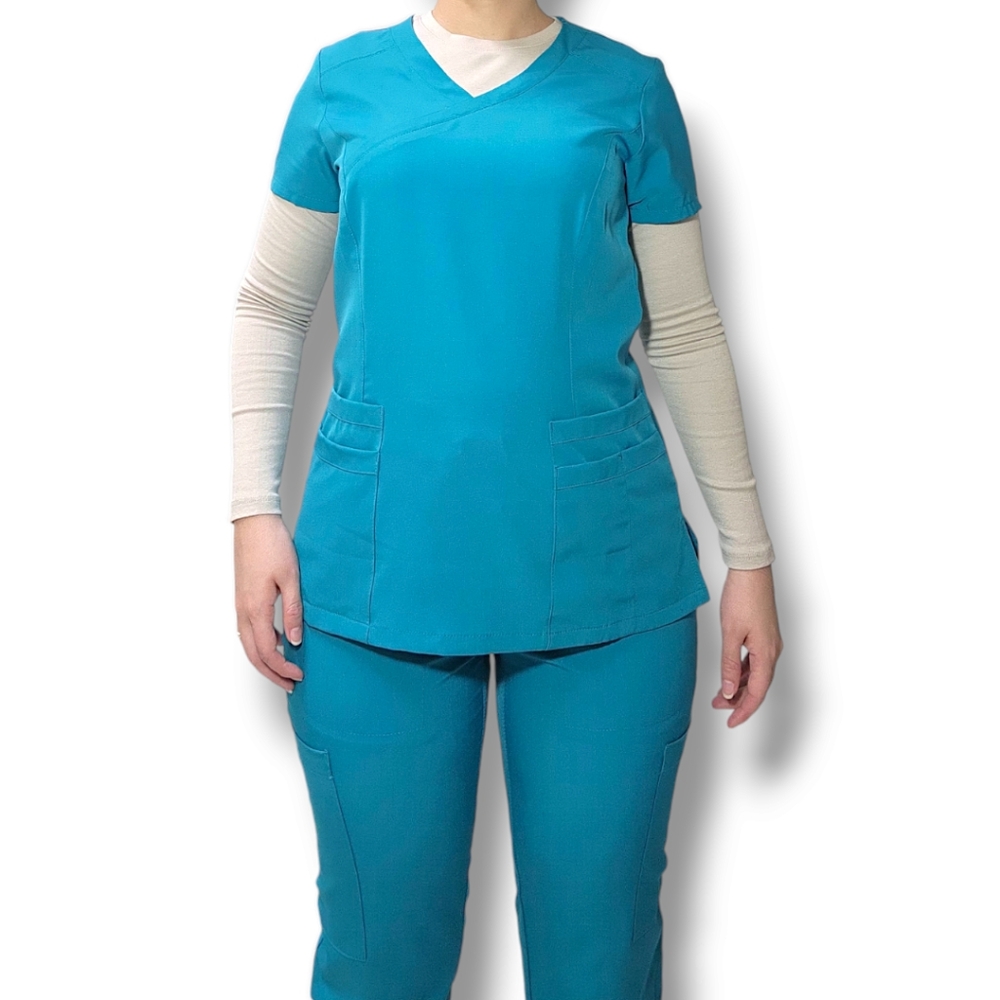 Flexxione Teal Medical/Nurse Scrub Top XS V-Neck Multiple Pocket Comfortable Fit